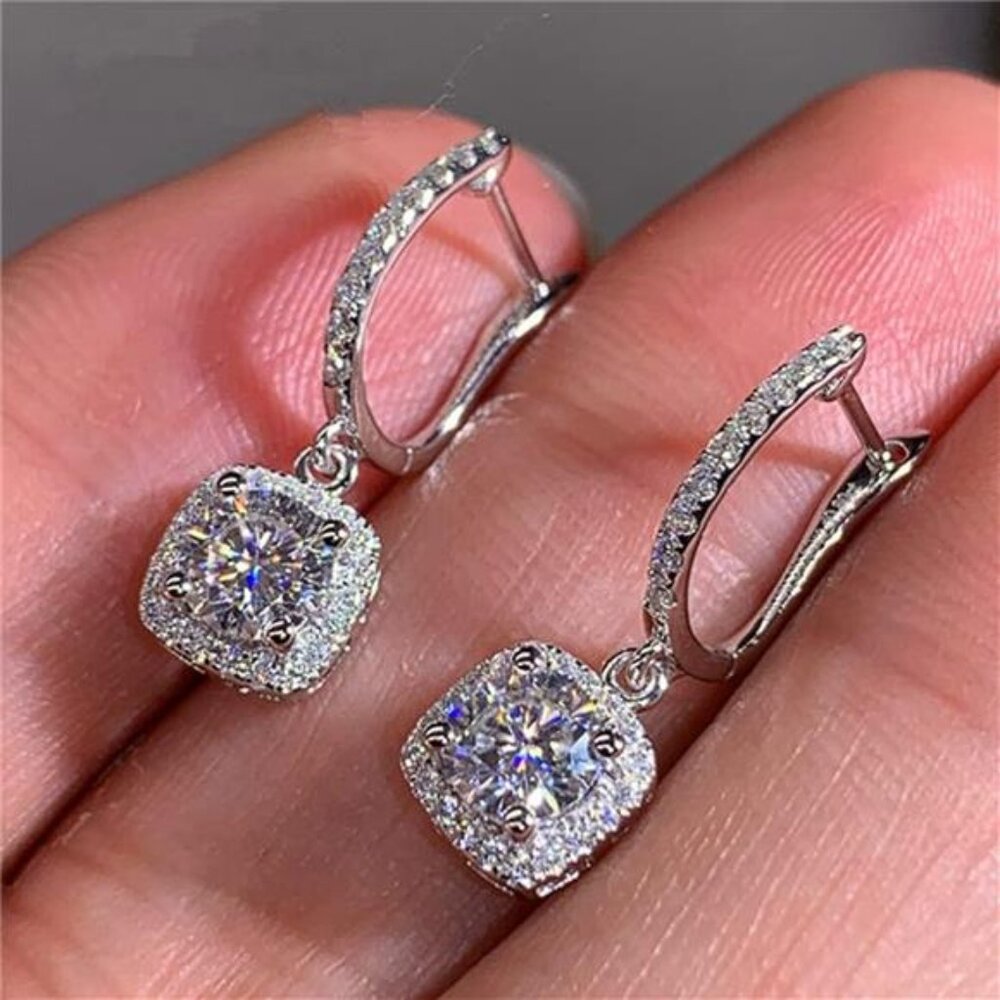 Classic Cubic Zirconia Dangle Hoop Earrings 18K White Gold Plated Square Cut